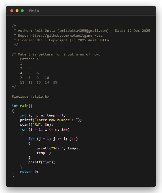Make this pattern for input n no of row. Pattern : 1 2   3    4   5   6 7   8   9   10 11  12  13  14  15